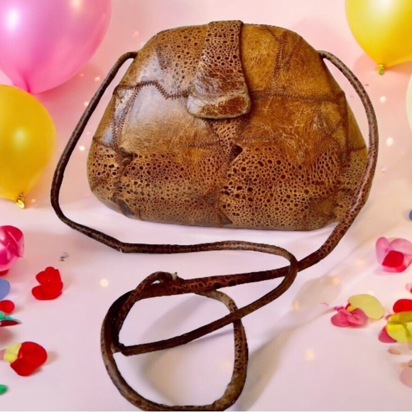 Vintage Handbag Hard Case Shell Brown Patchwork Leather Cross Body Purse flaws - Picture 13 of 13